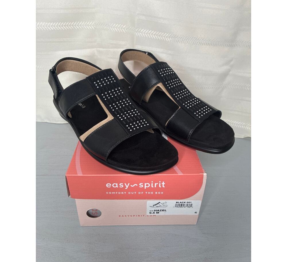 Easy Spirit Hazel T-Strap Wedge Sandals Black Womens Size 9.5M